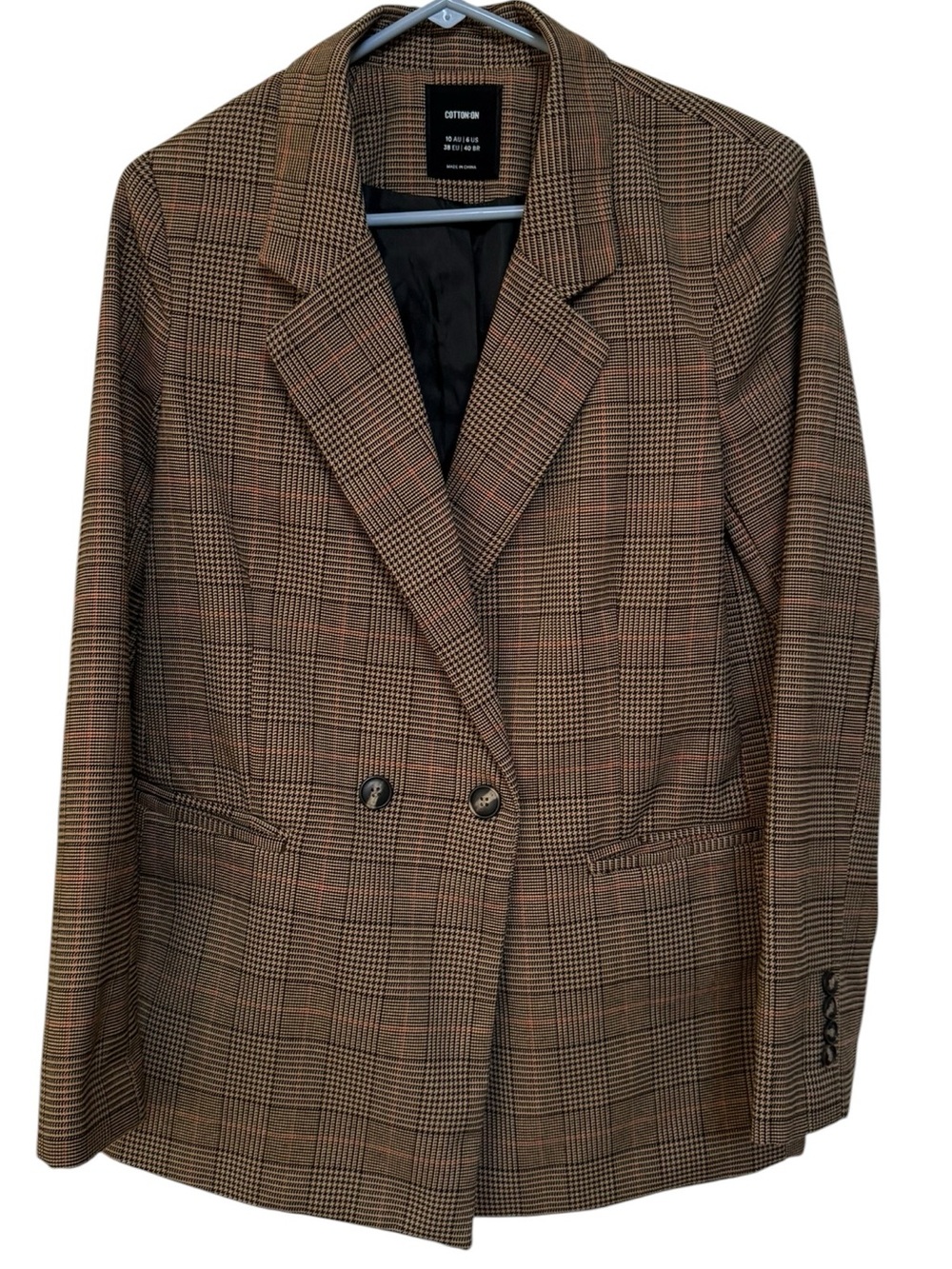 NWOT Australian Brand - Cotton:On Plaid Brown Double-Breasted Blazer - Size 6